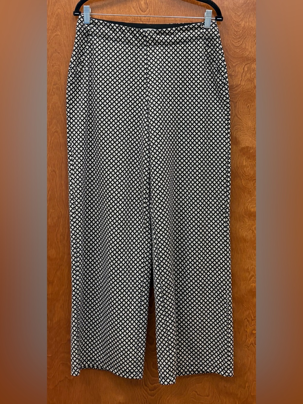 Max Studio London black & cream pattern knit stretch pants wide leg high rise LG